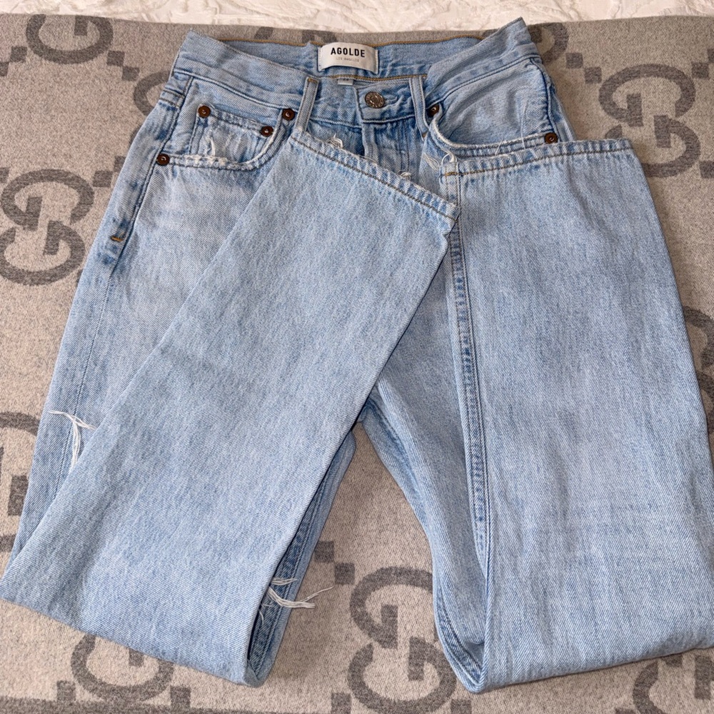 Agolde Riley Distressed Light Blue Jeans, 23 - Picture 5 of 14